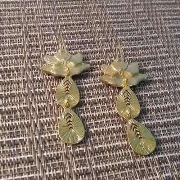 Green and Golden Tropical Flower Drop Earrings - Picture 2 of 4